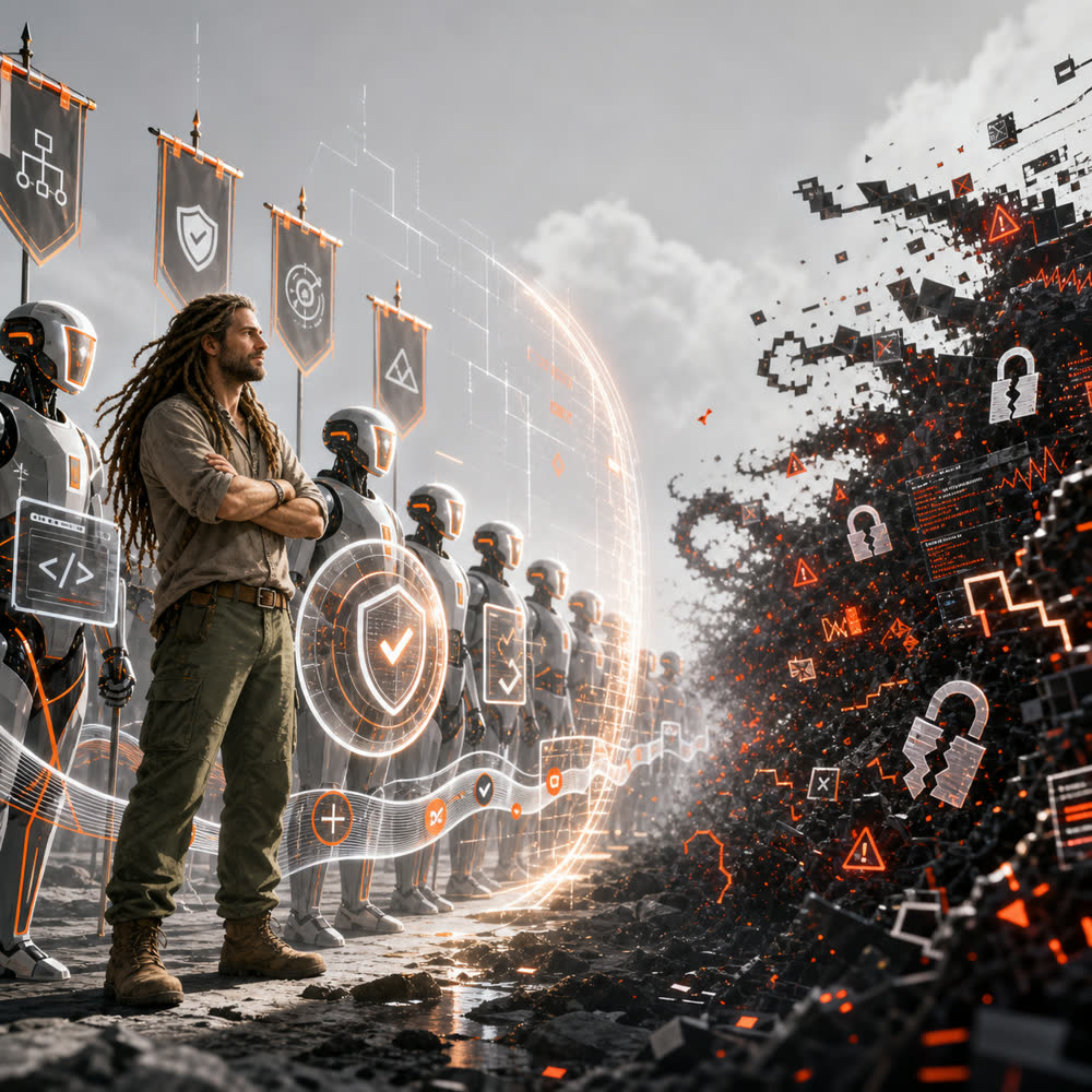 Radical Geek character standing with defensive engineering agents against an incoming mass exploitation swarm