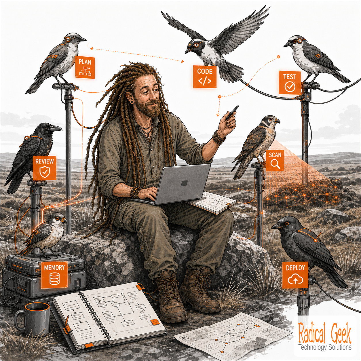 Radical Geek character orchestrating AI agent birds representing different models for planning, coding, testing, review, memory, scanning, and deployment