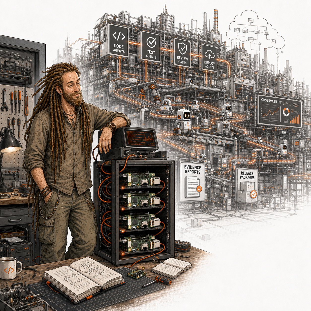 Radical Geek engineer orchestrating an agentic product factory