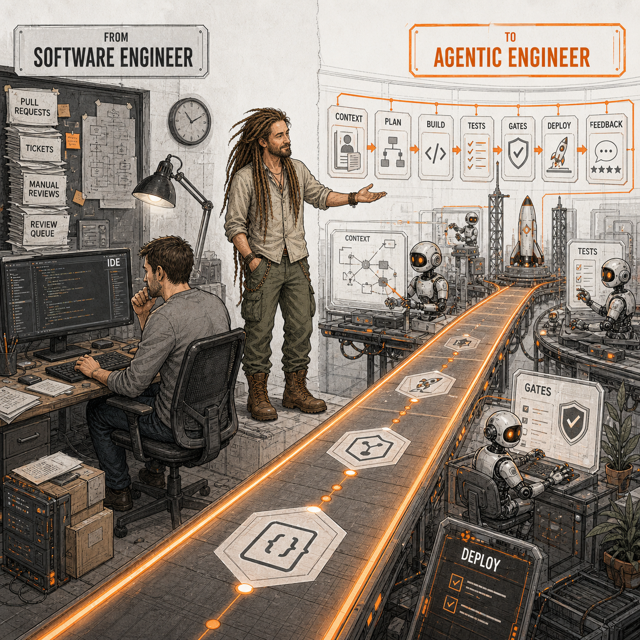 A Radical Geek style illustration showing the path from traditional software engineering to agentic engineering workflows